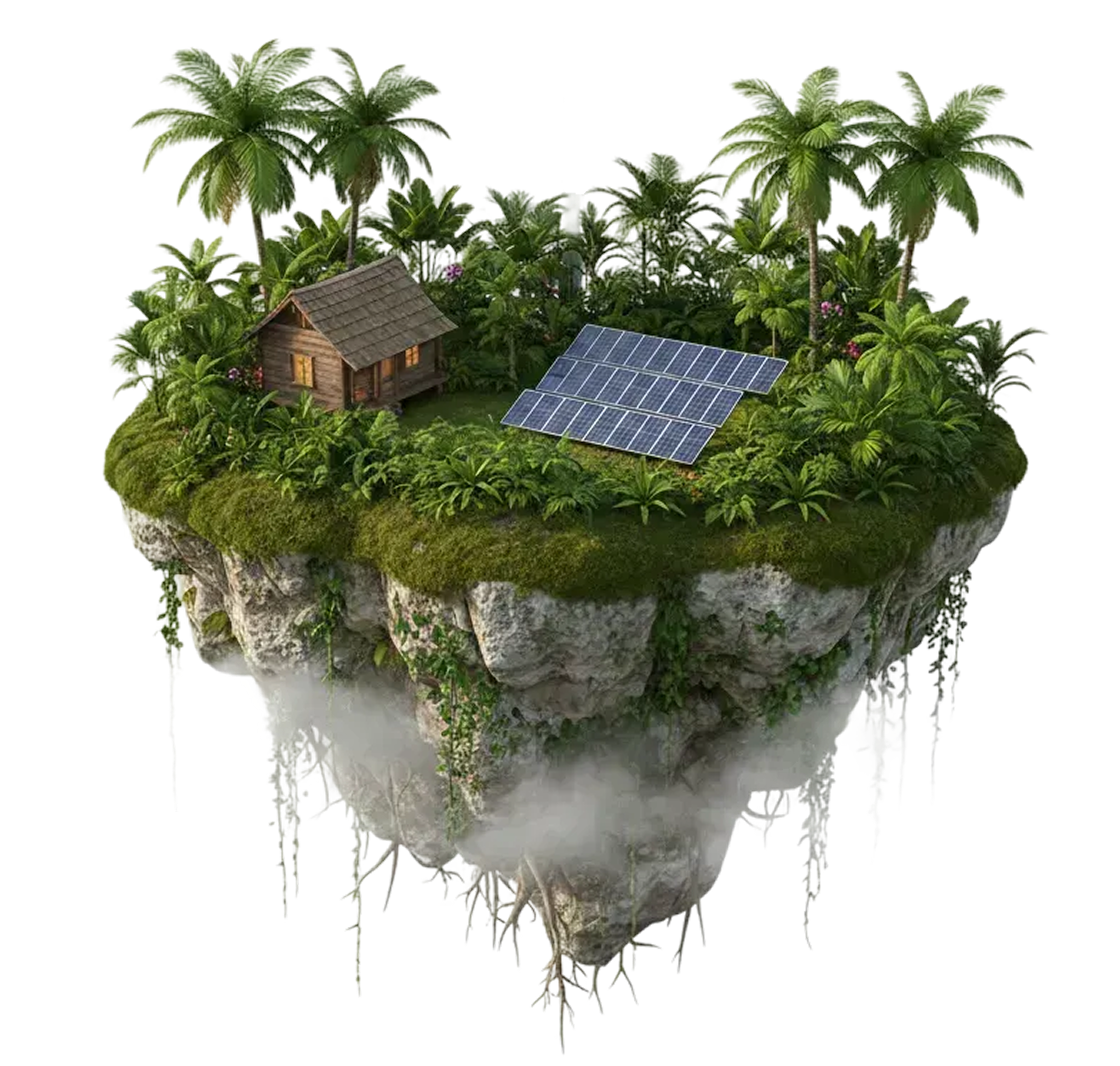 Renewable energy island with solar panels and a wind turbine